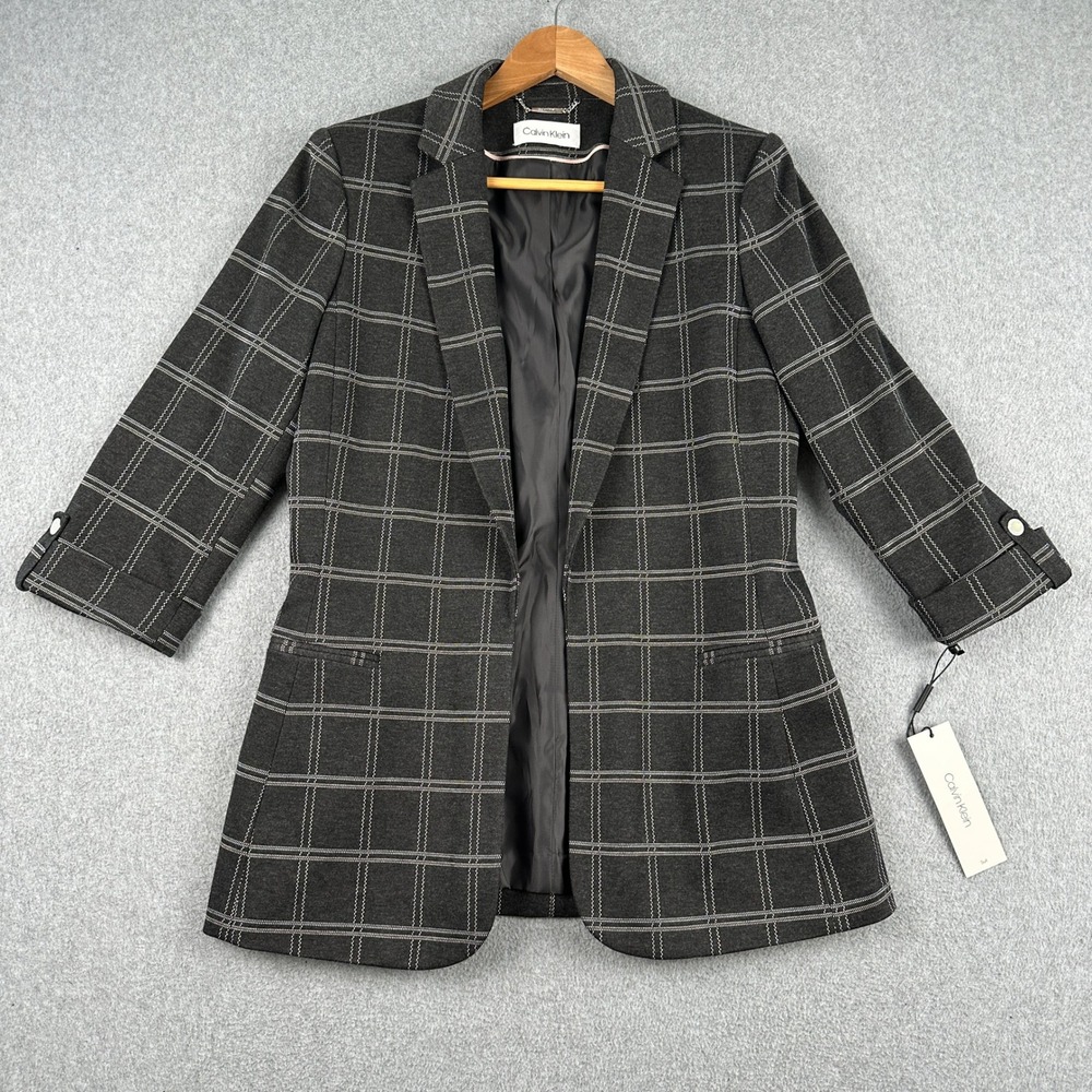Calvin Klein Blazer Women 10 Gray Plaid‎ S9JJ8673 One Button Professional Jacket